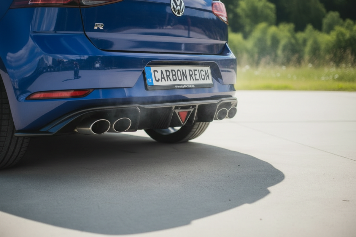 Close-up rear three-quarter view of a blue Volkswagen car on an outdoor paved surface, showing the rear bumper, dual exhaust pipes, license plate reading CARBON REIGN, and blurred greenery in the background.