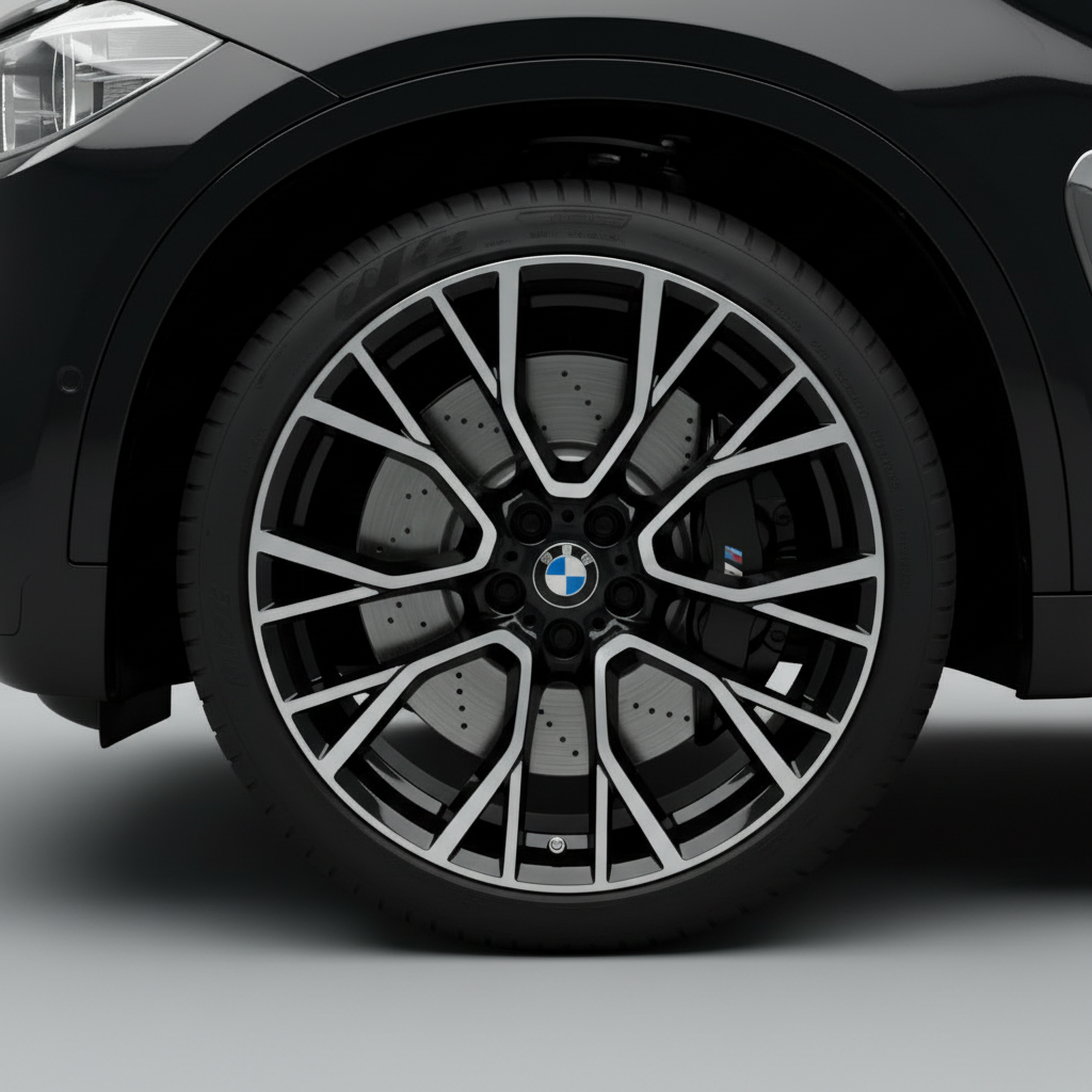 Close-up of a black BMW M2 wheel with a multi-spoke silver and black alloy rim, black tire, and visible brake disc and caliper.