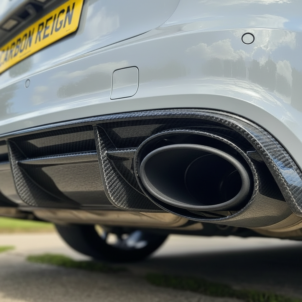 Close-up of a carbon fiber rear diffuser and dual exhaust tips on a silver car, with a yellow 'CARBON REIGN' license plate visible.