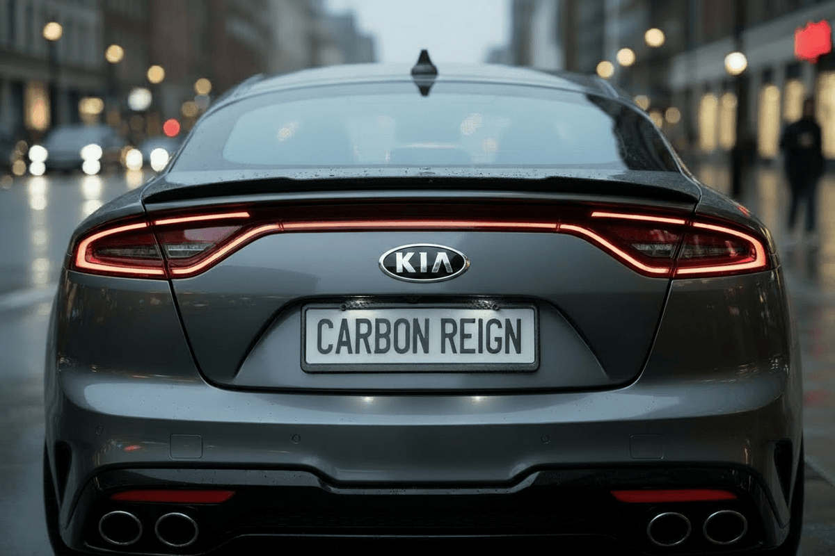 | Carbon Reign Kia Stinger grey car and black boot spoiler