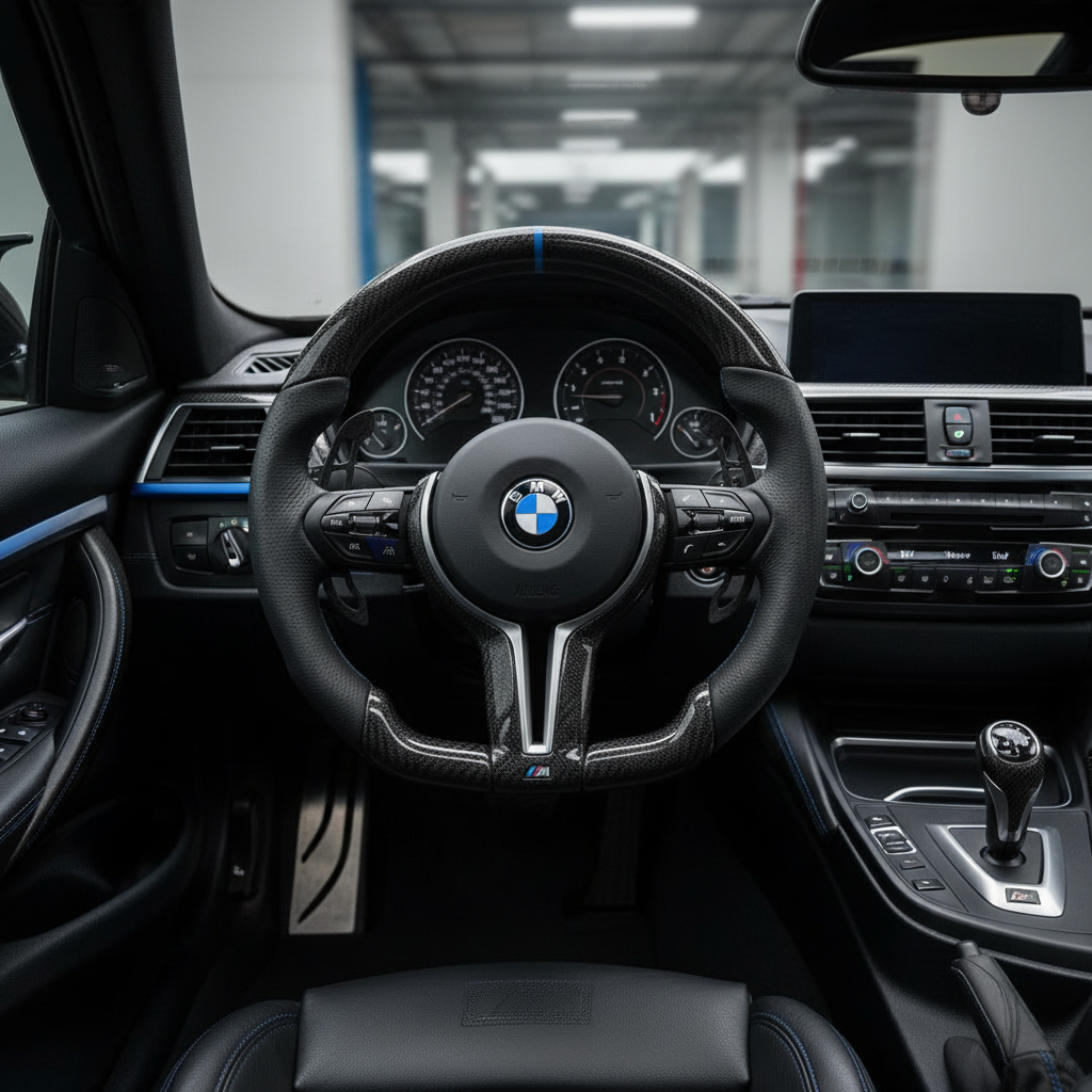 BMW Forged Carbon Fiber Steering Wheel With Blue Stripe and Blue M1,M2 Button