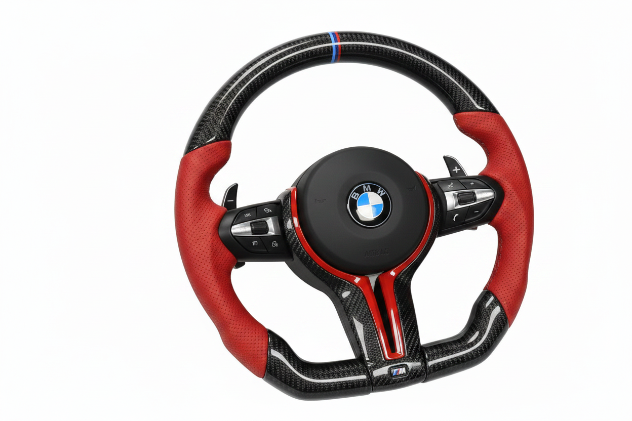 BMW Black Carbon Fiber Flat Bottom Steering Wheel With Red Grip Handles