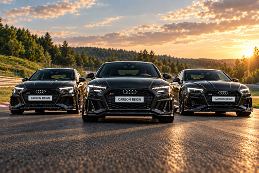 Audi A3,4,5 lined up ready to race, with RS body kits and carbon reign number plates