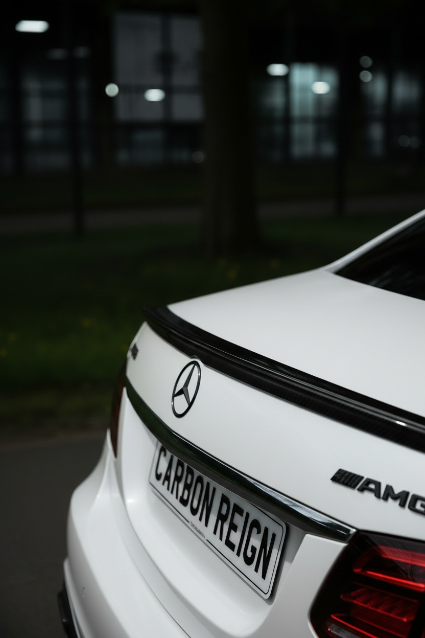 Close-up rear view of a white Mercedes-AMG car at night, showing the trunk with the Mercedes star emblem, a black spoiler, a custom license plate reading 'CARBON REIGN', and an AMG badge.
