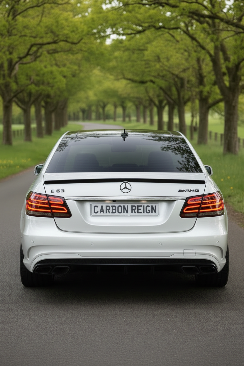 A white Mercedes-Benz E63 AMG sedan is shown from the rear, driving on a tree-lined road. The license plate reads 'CARBON REIGN'.