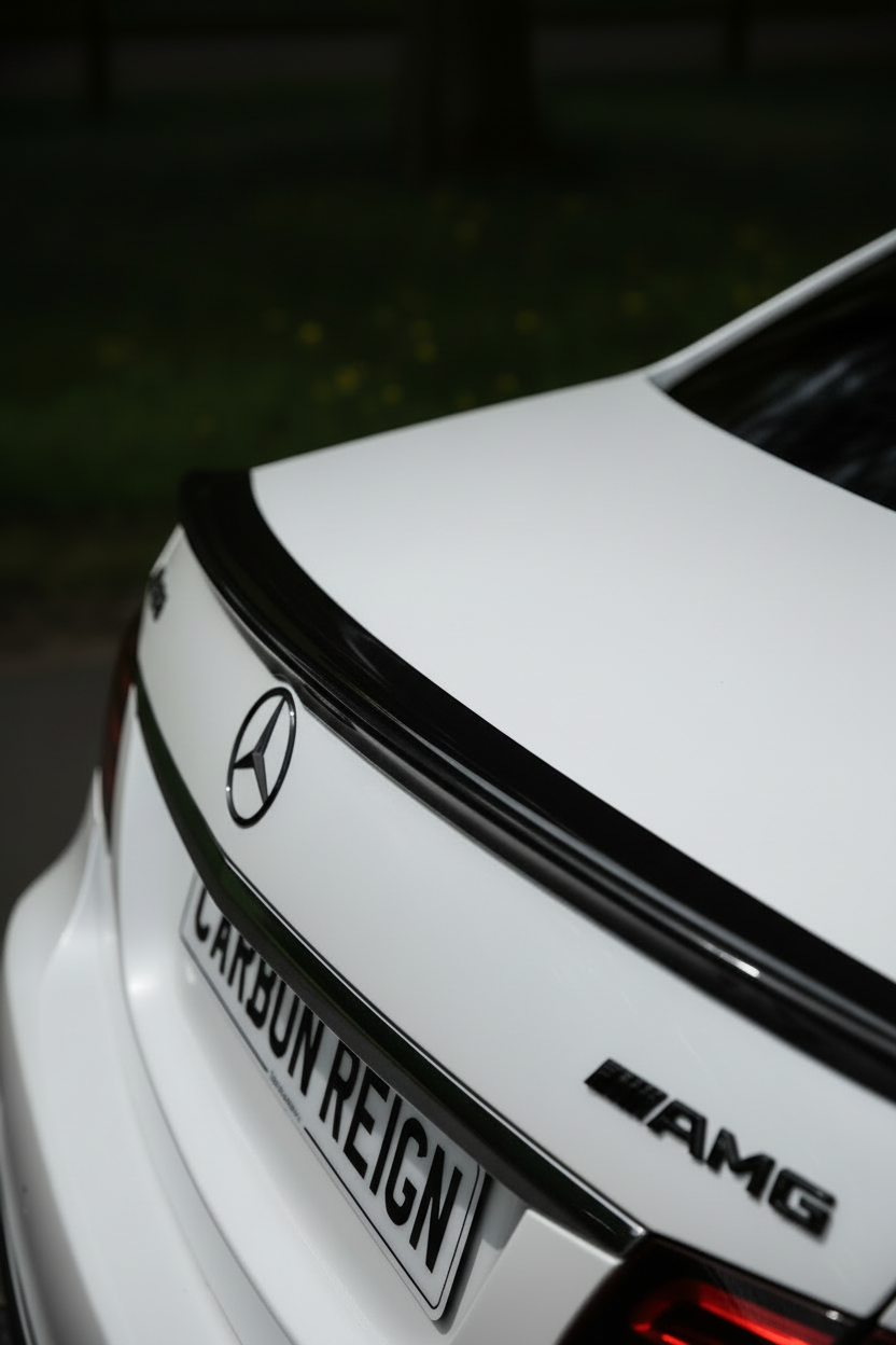 Close-up rear view of a white Mercedes-Benz car with a black trunk spoiler, black AMG badge, and a license plate reading CARBON REIGN against a dark blurred outdoor background.