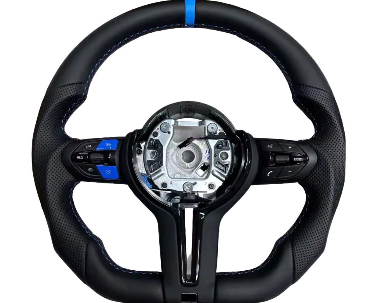 BMW Leather Flat BottomSteering Wheel With Blue Strips & Buttons