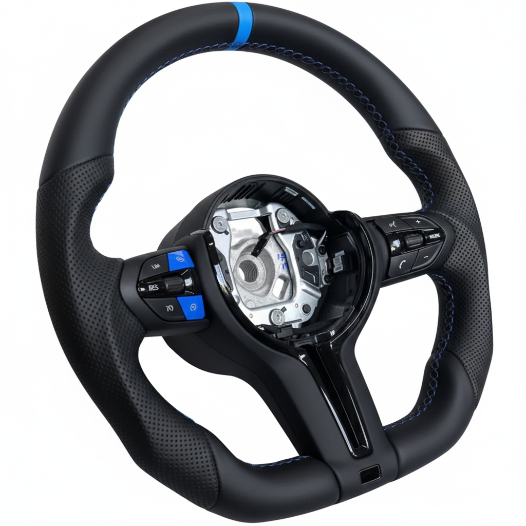 BMW Leather Flat BottomSteering Wheel With Blue Strips & Buttons