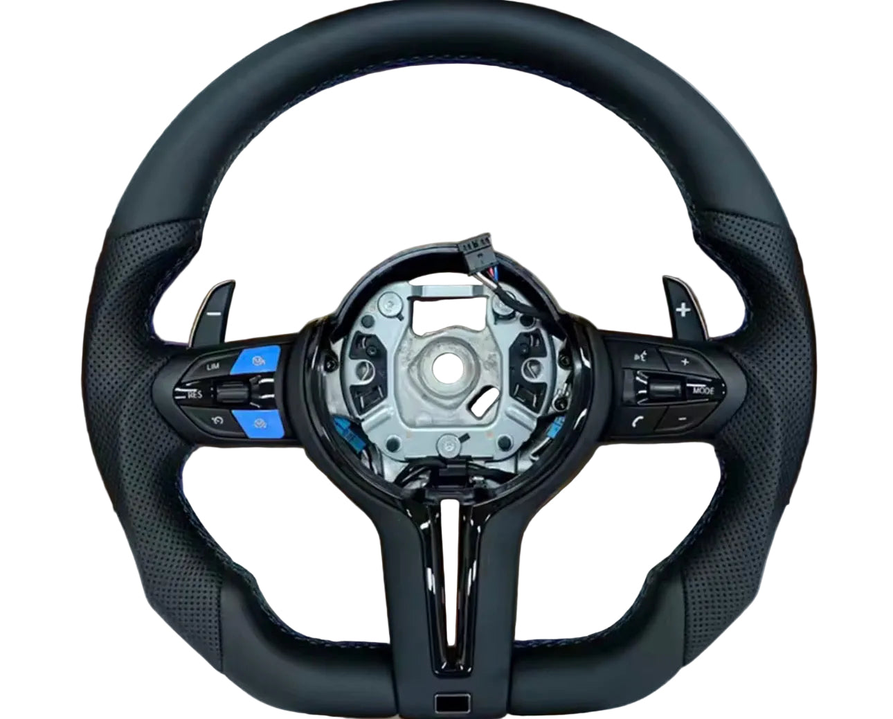 BMW Leather Flat BottomSteering Wheel With Blue Strips & Buttons