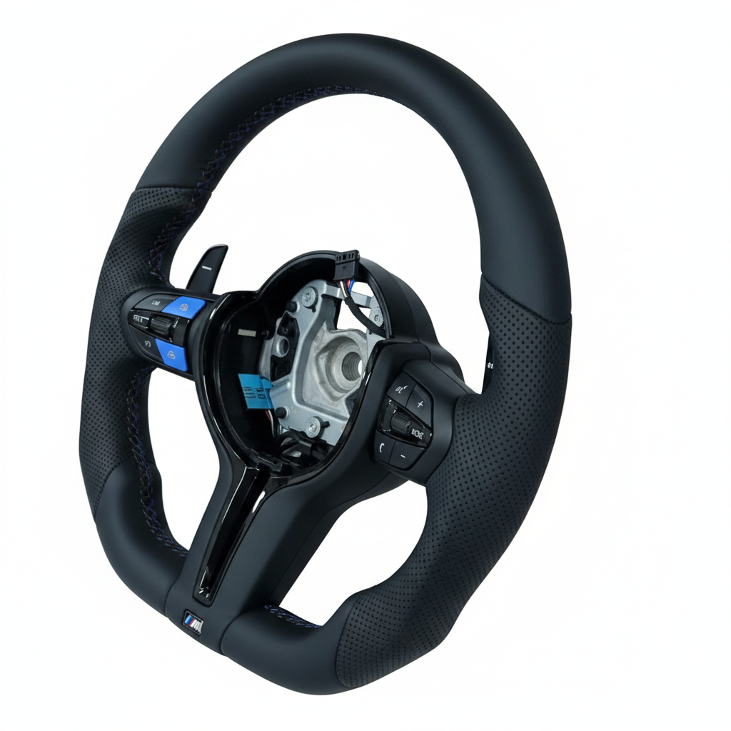 BMW Leather Flat BottomSteering Wheel With Blue Strips & Buttons