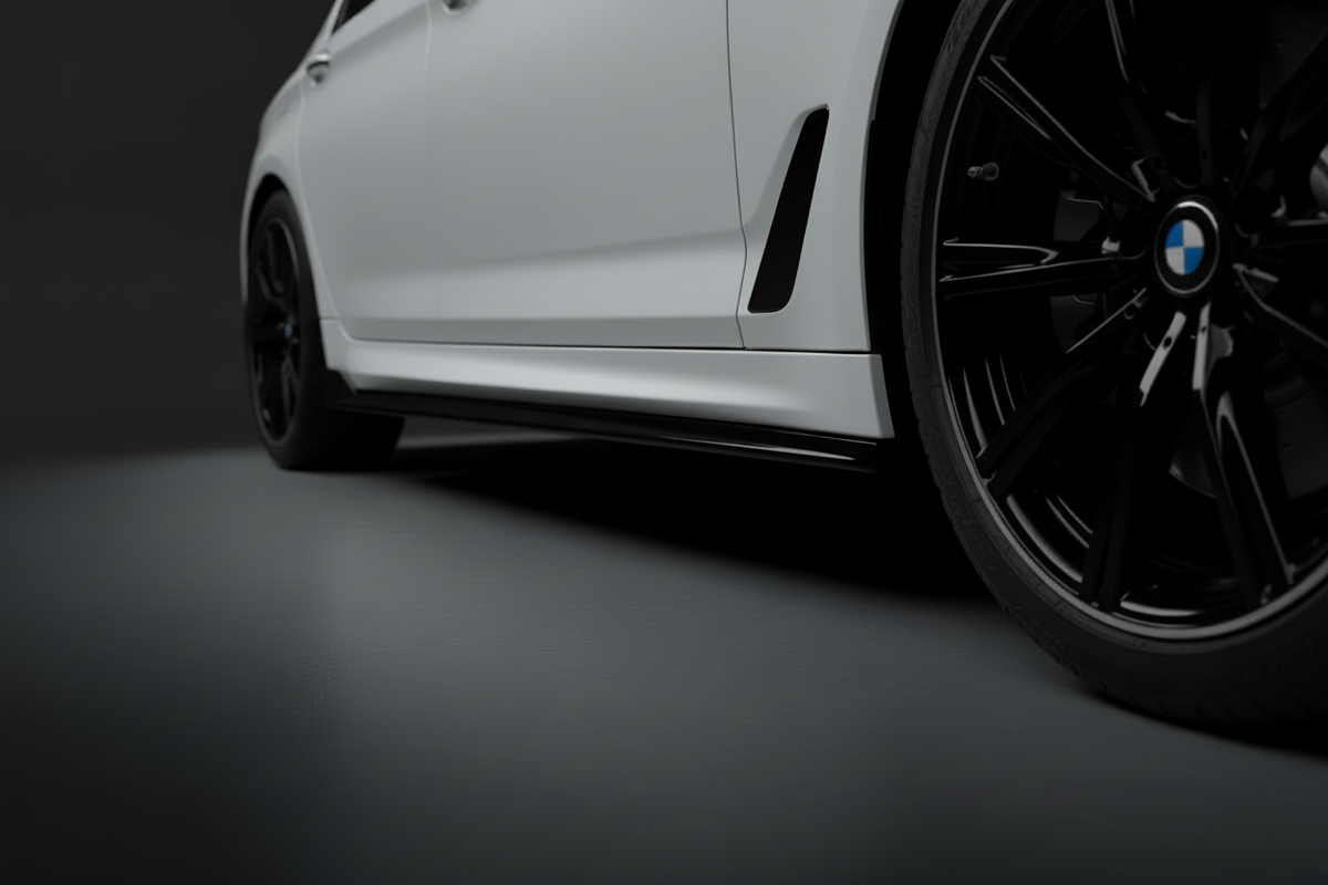 Close-up side view of a white BMW car with black multi-spoke wheels and a black side skirt, photographed in a dark studio setting.