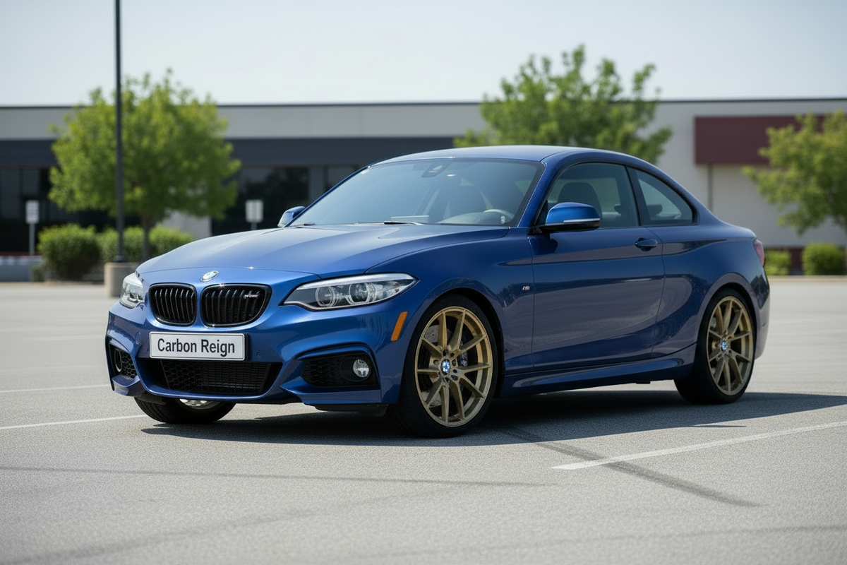 A blue BMW 2 Series coupe with gold wheels and a 'Carbon Reign' brand plate on the front bumper, parked on an outdoor paved surface.