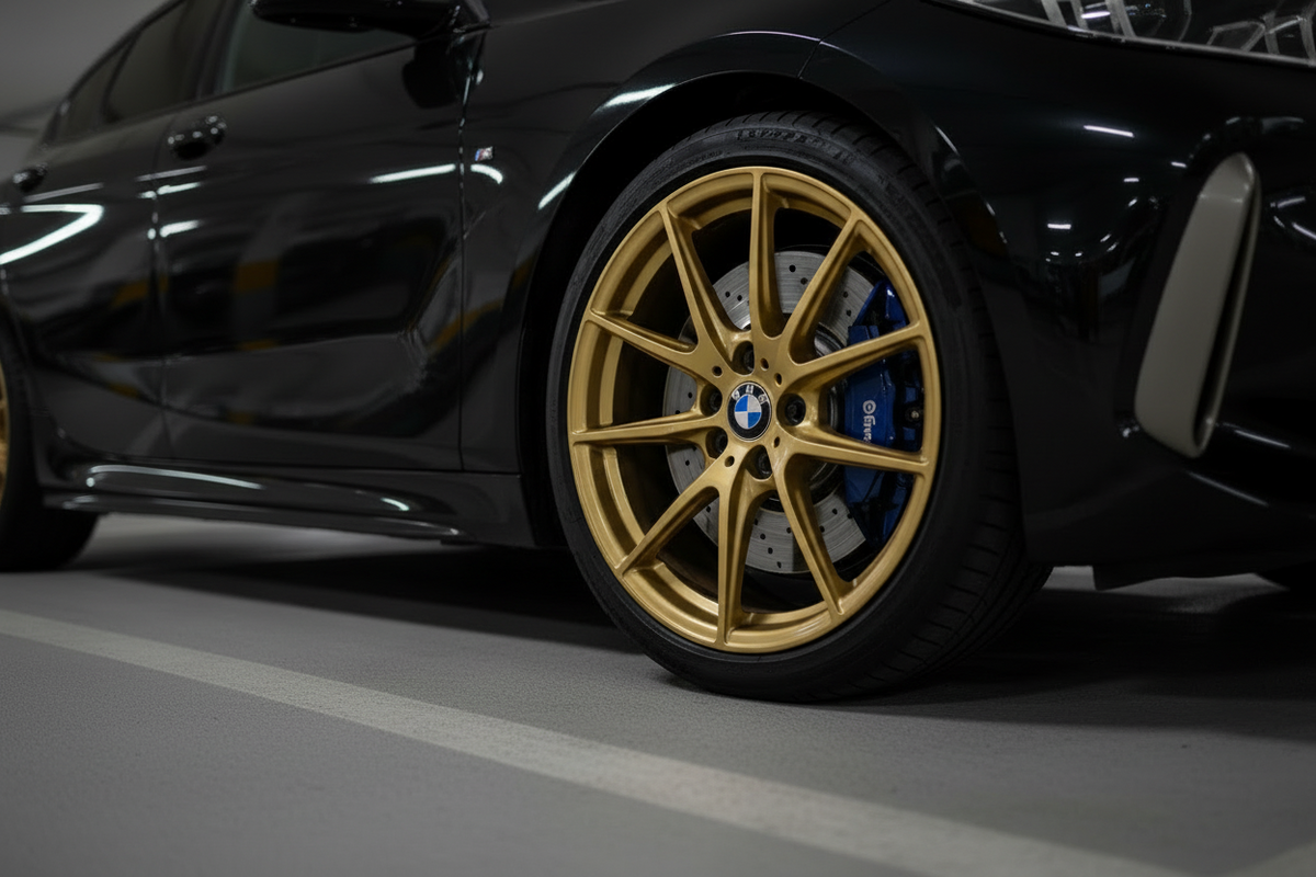 Close-up of a black BMW car wheel featuring a gold multi-spoke alloy rim, blue brake caliper, and silver brake disc, parked on a gray floor.