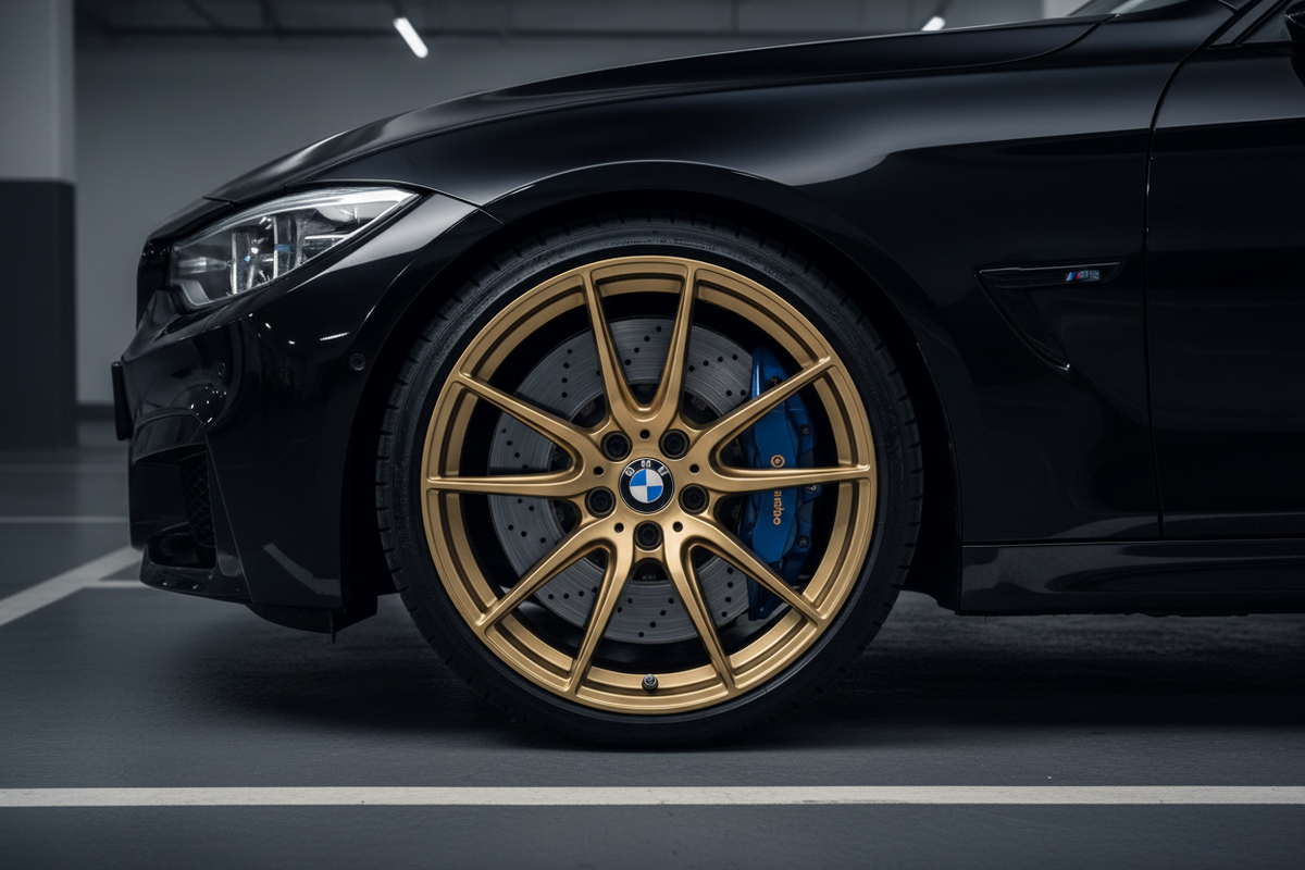 Close-up of a black BMW car wheel featuring a gold multi-spoke alloy rim, blue brake caliper, and visible BMW logo in the center, photographed in a dim indoor parking structure.