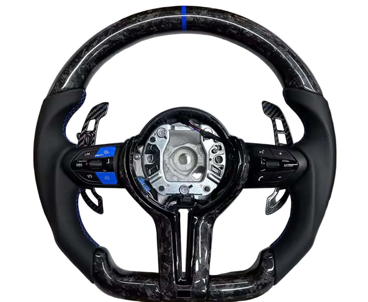 BMW forged Carbon Fiber Steering Wheel With Blue Stripe and Blue M1,M2 Button | Carbon Reign