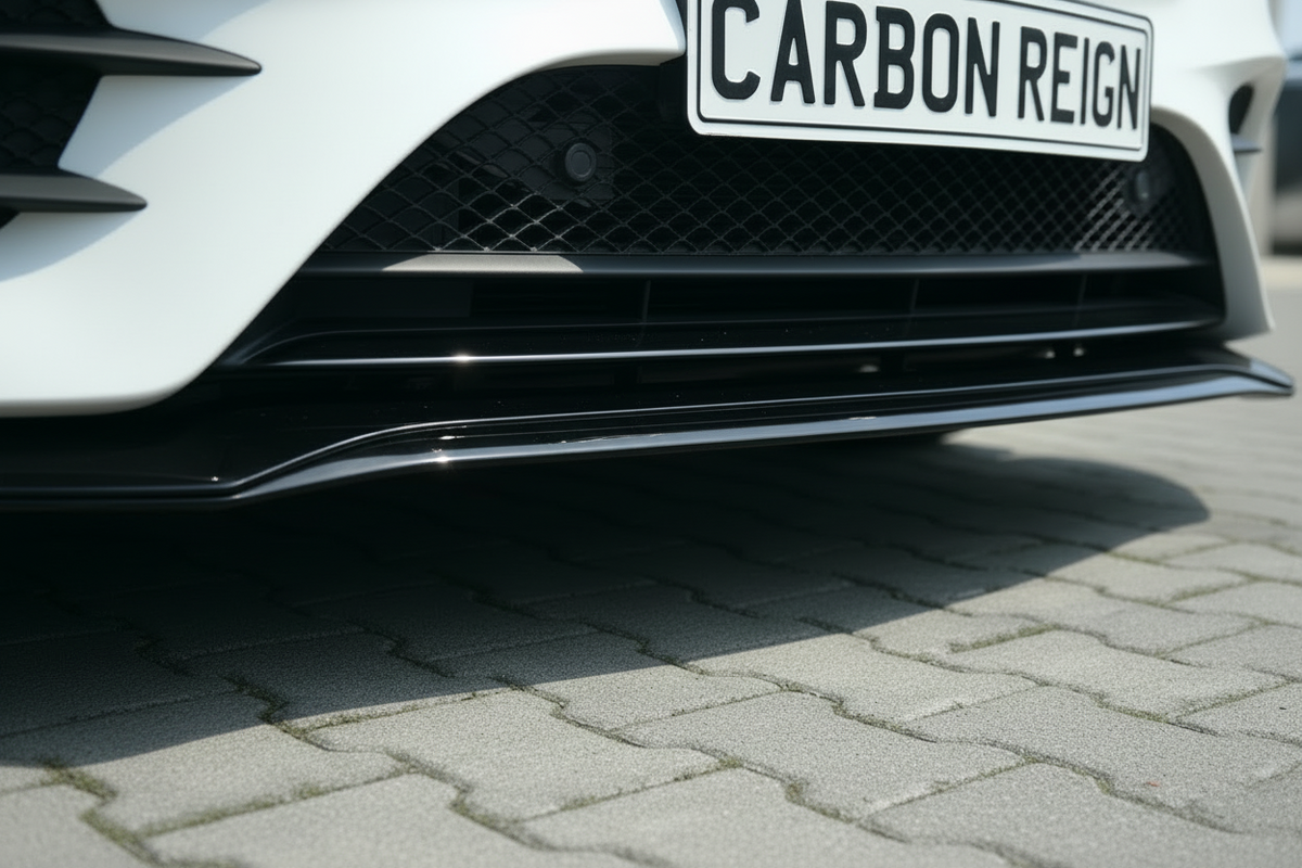 Close-up of a white car's front bumper and lower grille with a black carbon fiber front splitter, parked on gray paved blocks. A license plate reading 'CARBON REIGN' is visible.
