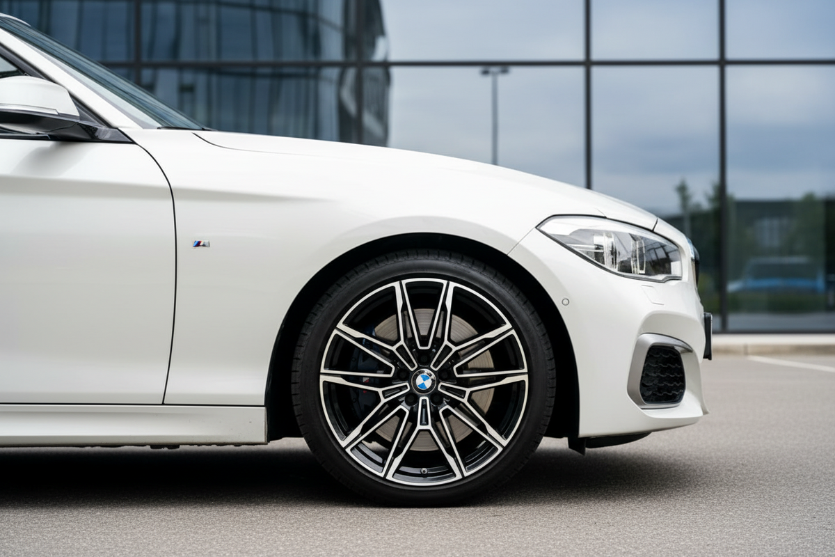 Close-up side view of a white BMW sedan showing the front wheel, alloy rim, side door, and part of the hood, parked outdoors in front of a modern glass building.
