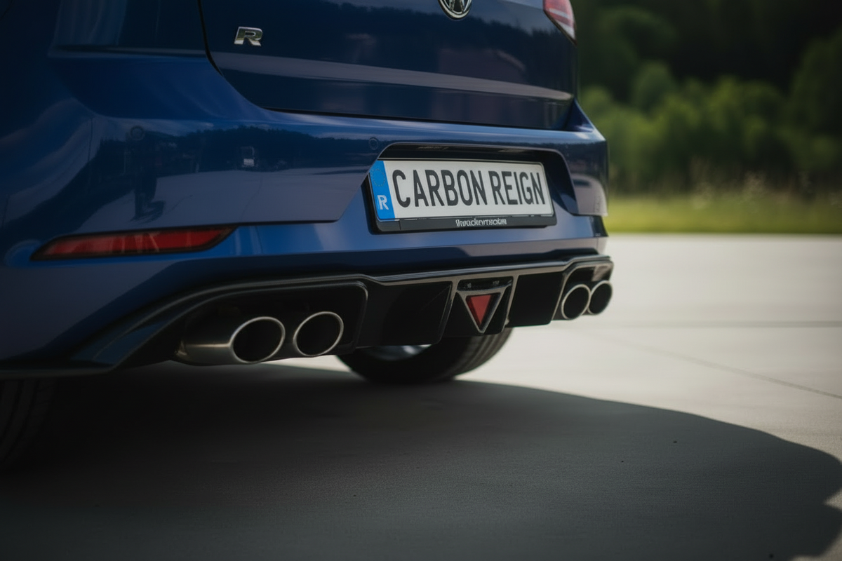 Close-up rear view of a blue car showing the rear bumper, dual exhaust pipes, license plate reading CARBON REIGN, and a small red badge on a blurred outdoor background.