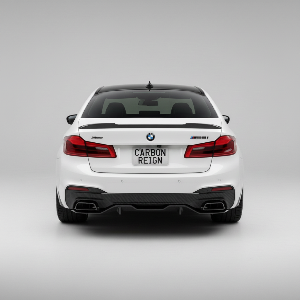 Rear view of a white BMW 5 Series coupe with a carbon fiber rear diffuser and a custom license plate reading 'CARBON REIGN', photographed on a seamless light gray studio background.