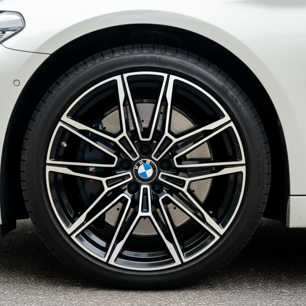 Close-up of a BMW alloy wheel with a black and machined silver multi-spoke design, mounted on a white car.