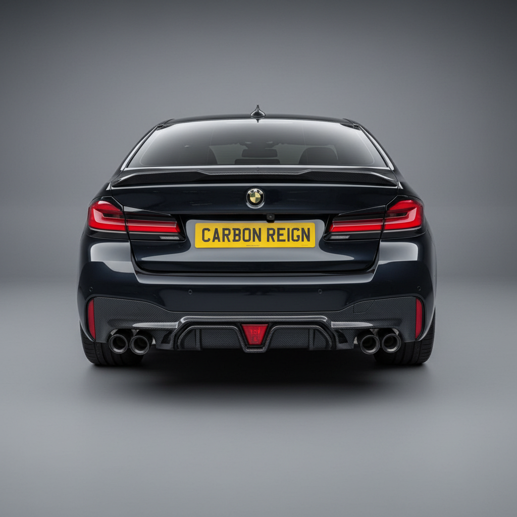 Rear view of a dark metallic BMW sedan with a yellow license plate reading 'CARBON REIGN' against a smooth gray studio background.