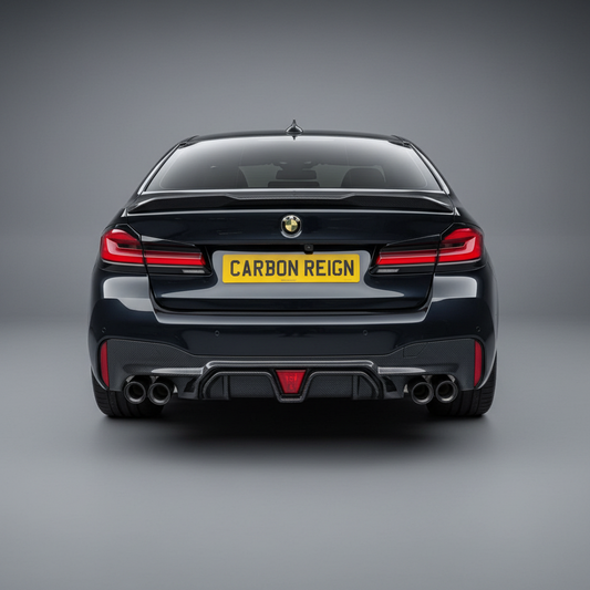 Rear view of a dark metallic BMW sedan with a yellow license plate reading 'CARBON REIGN' against a smooth gray studio background.