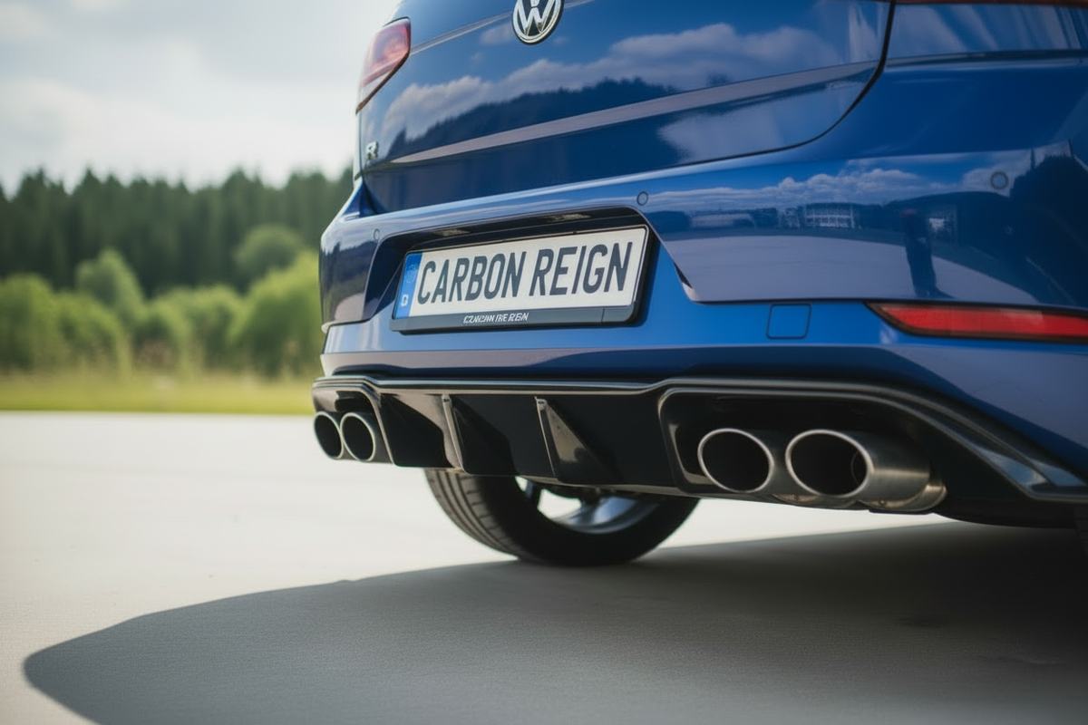 Close-up rear view of a blue Volkswagen car showing the exhaust system, rear diffuser, license plate reading 'CARBON REIGN', and part of the trunk against an outdoor blurred background.