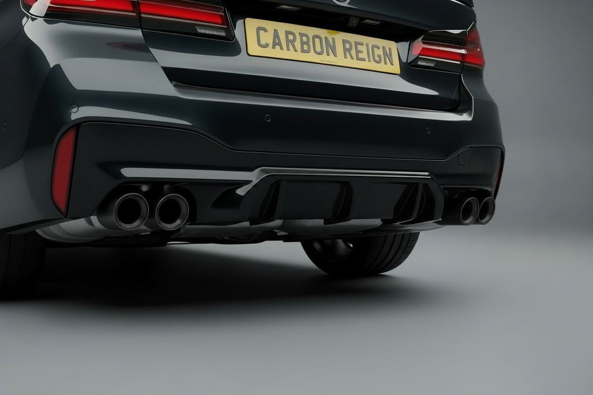 Close-up rear view of a dark metallic car showing the lower bumper area, dual exhaust pipes, diffuser, and a yellow license plate reading CARBON REIGN against a gray studio background.
