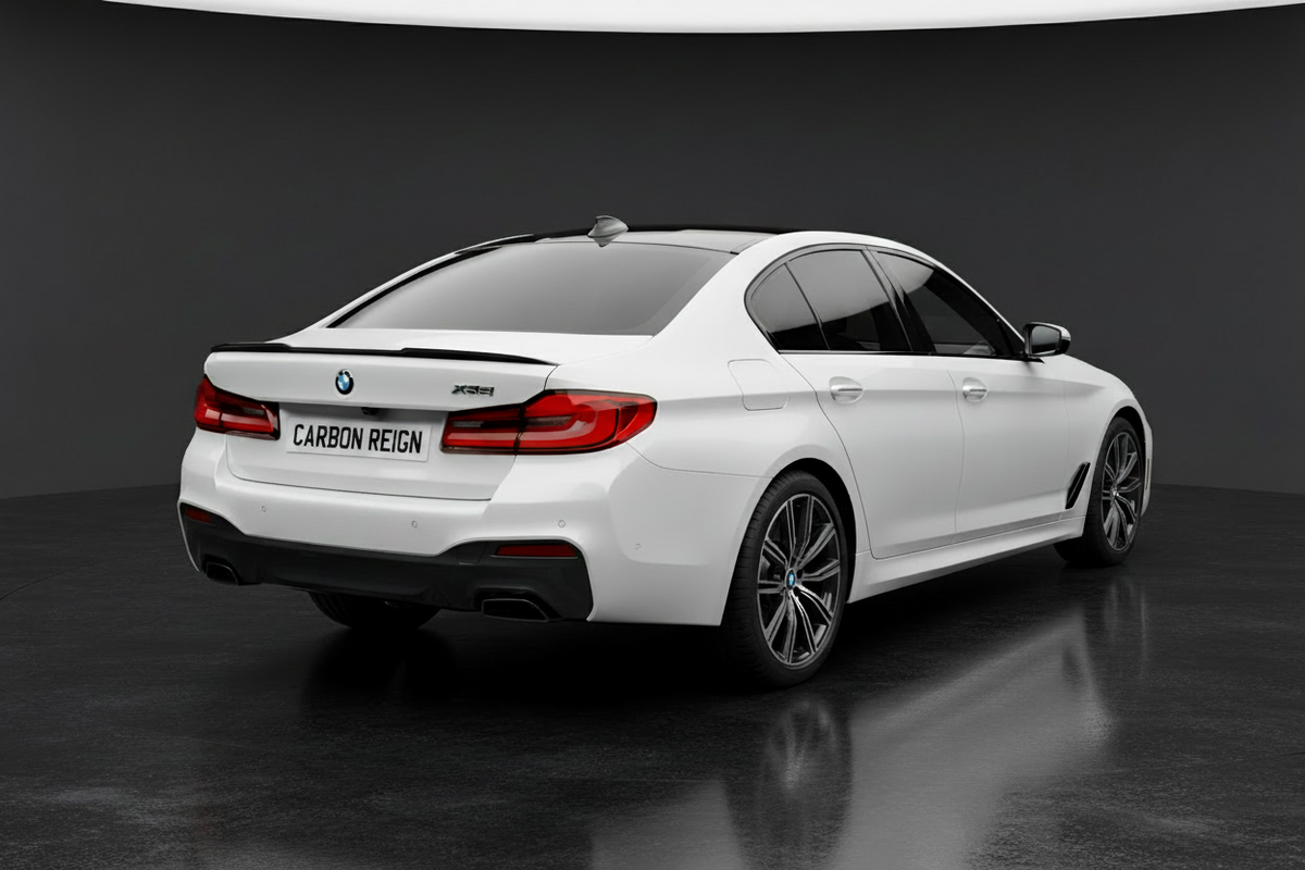 A white BMW 5 Series sedan shown from a rear three-quarter angle in a dark studio setting with a reflective floor.