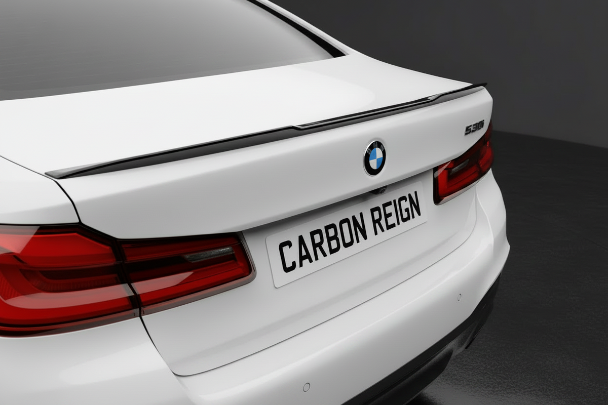 Close-up rear view of a white BMW sedan showing the trunk and rear hatch with a black carbon-fiber spoiler and a license plate reading 'CARBON REIGN'.