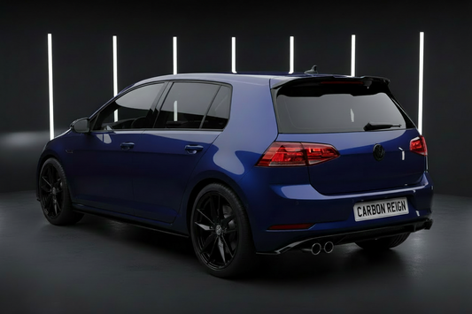 A blue Volkswagen Golf R with black wheels and a rear spoiler, photographed in a dark studio setting with vertical light tubes in the background. The license plate reads 'CARBON REIGN'.