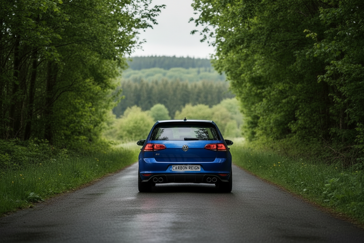 A blue Volkswagen Golf hatchback is photographed from the rear, driving down a wet paved road lined with lush green trees and foliage under an overcast sky.