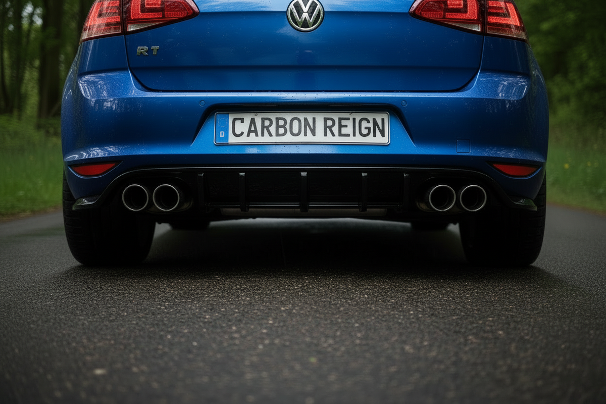Rear view of a blue Volkswagen R7 car on a road with trees in the background, featuring a custom license plate that reads 'CARBON REIGN' and a black diffuser with dual chrome exhausts.