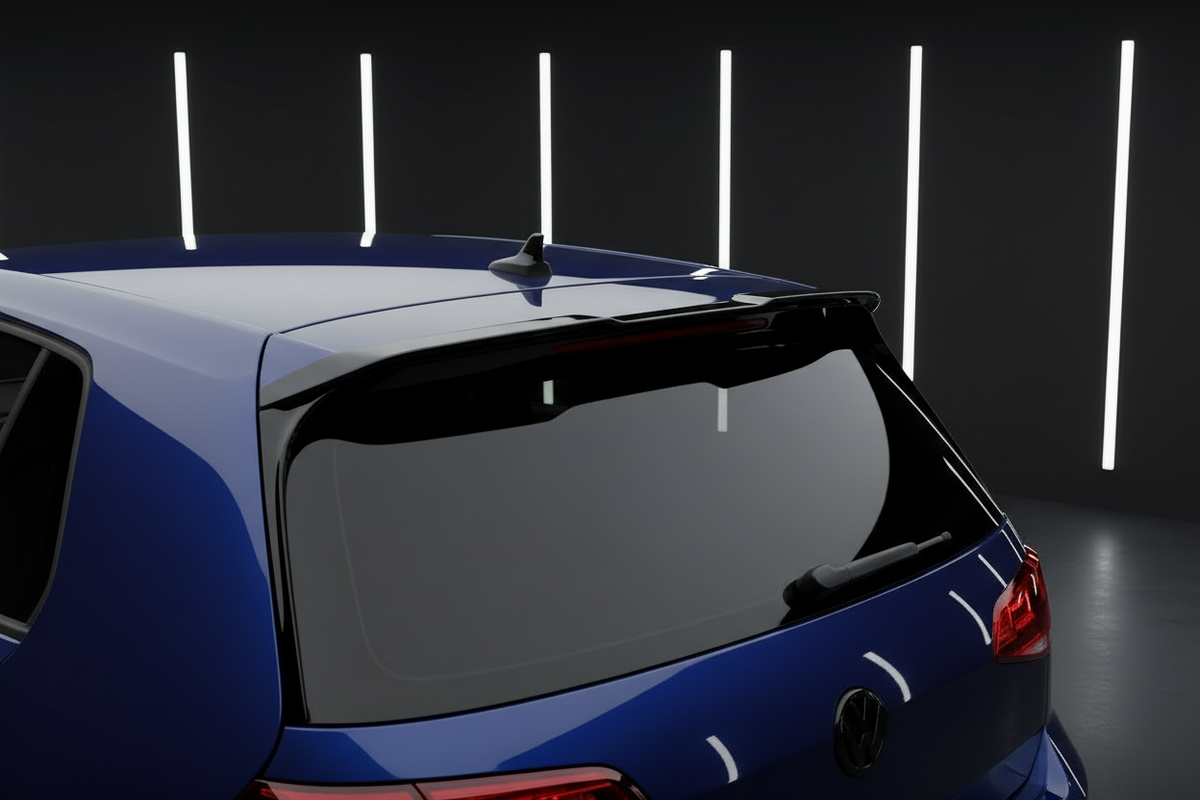 Rear three-quarter view of a blue Volkswagen hatchback with a black roof spoiler, shown in a dark studio setting with vertical white light tubes in the background.