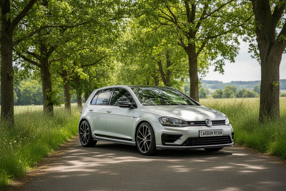 A white Volkswagen Golf R is parked on a tree-lined country road, with green grass and trees in the background. The car features black multi-spoke wheels and a license plate that reads 'CARBON RUN'.