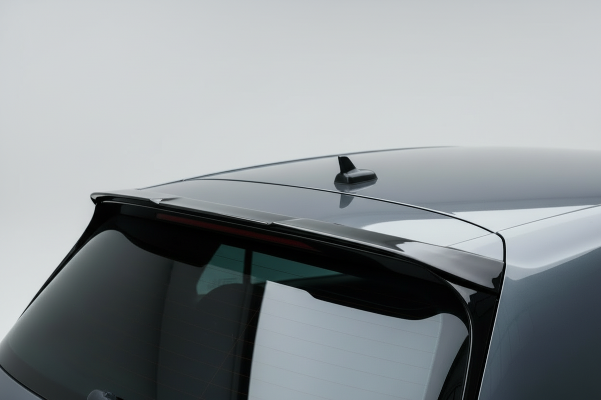 Close-up of the rear roof and trunk area of a glossy black car, showing a rear spoiler, antenna, and tinted window against a light gray studio background.
