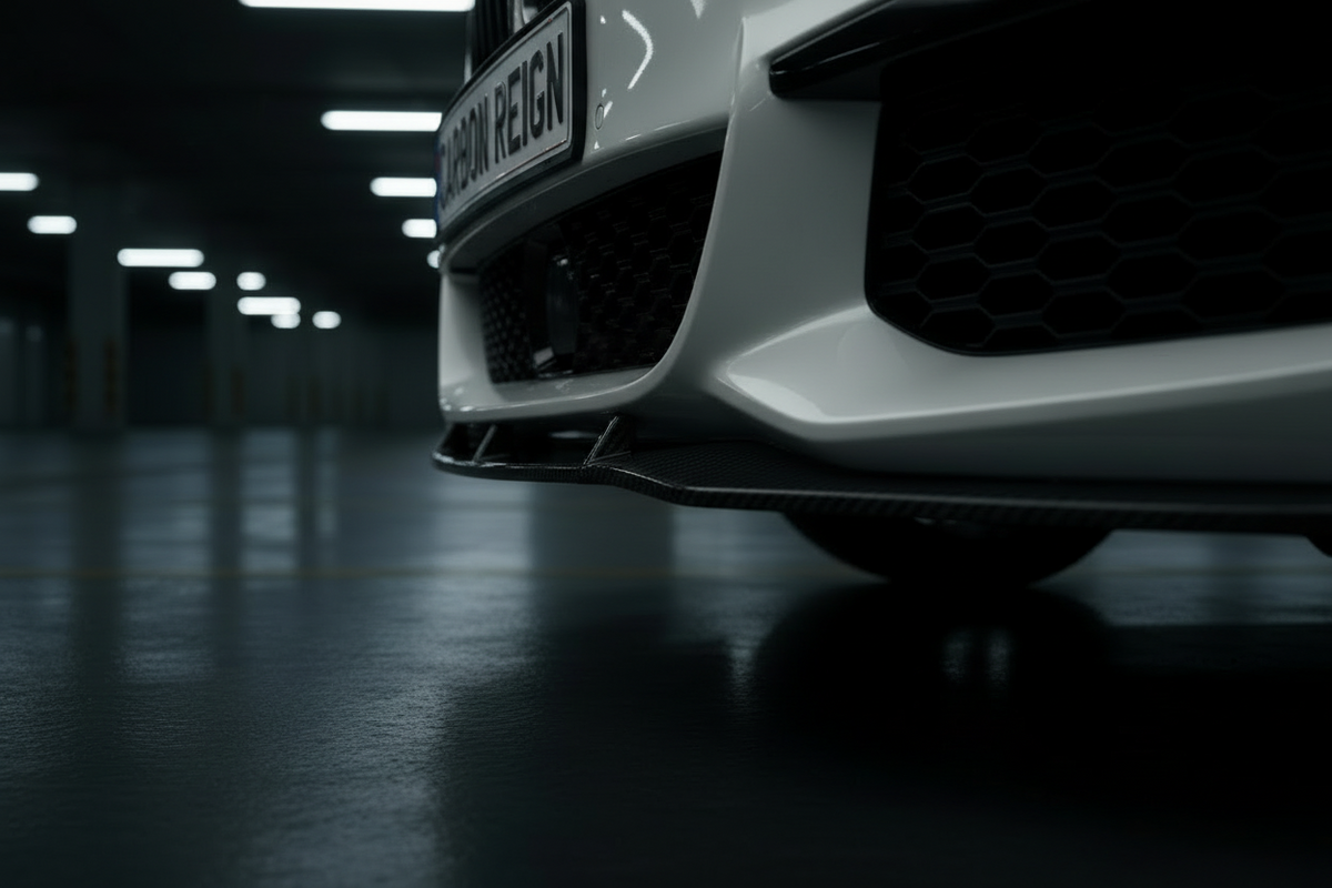 Close-up of the front bumper and lower grille of a white car in a dark, dimly lit parking structure. A license plate reading 'CABIN REIGN' is visible above a carbon-fiber front splitter.