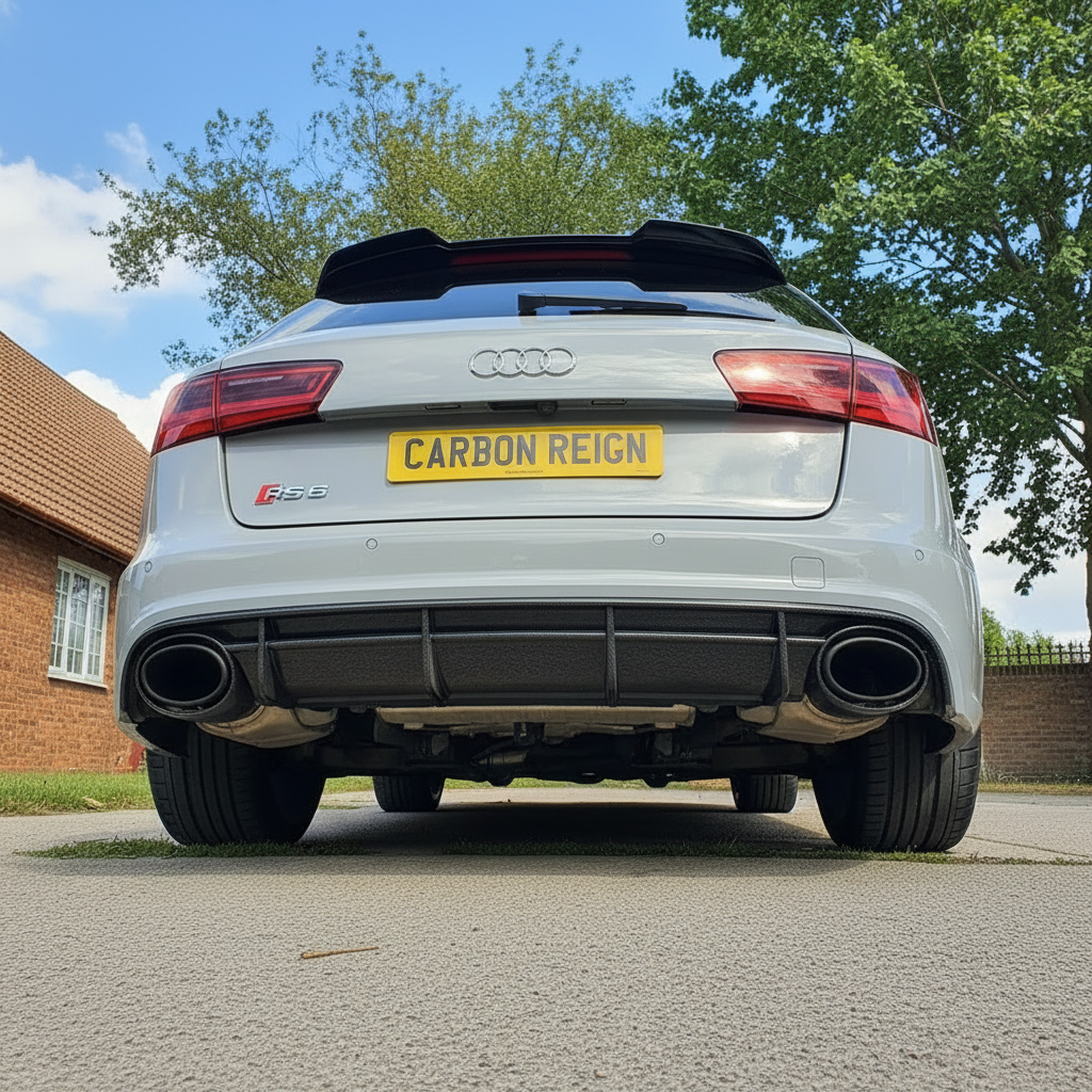 Rear view of a silver Audi RS5 with a carbon fiber rear diffuser and a yellow license plate reading 'CARBON REIGN', parked outdoors on a paved driveway with trees and a house in the background.