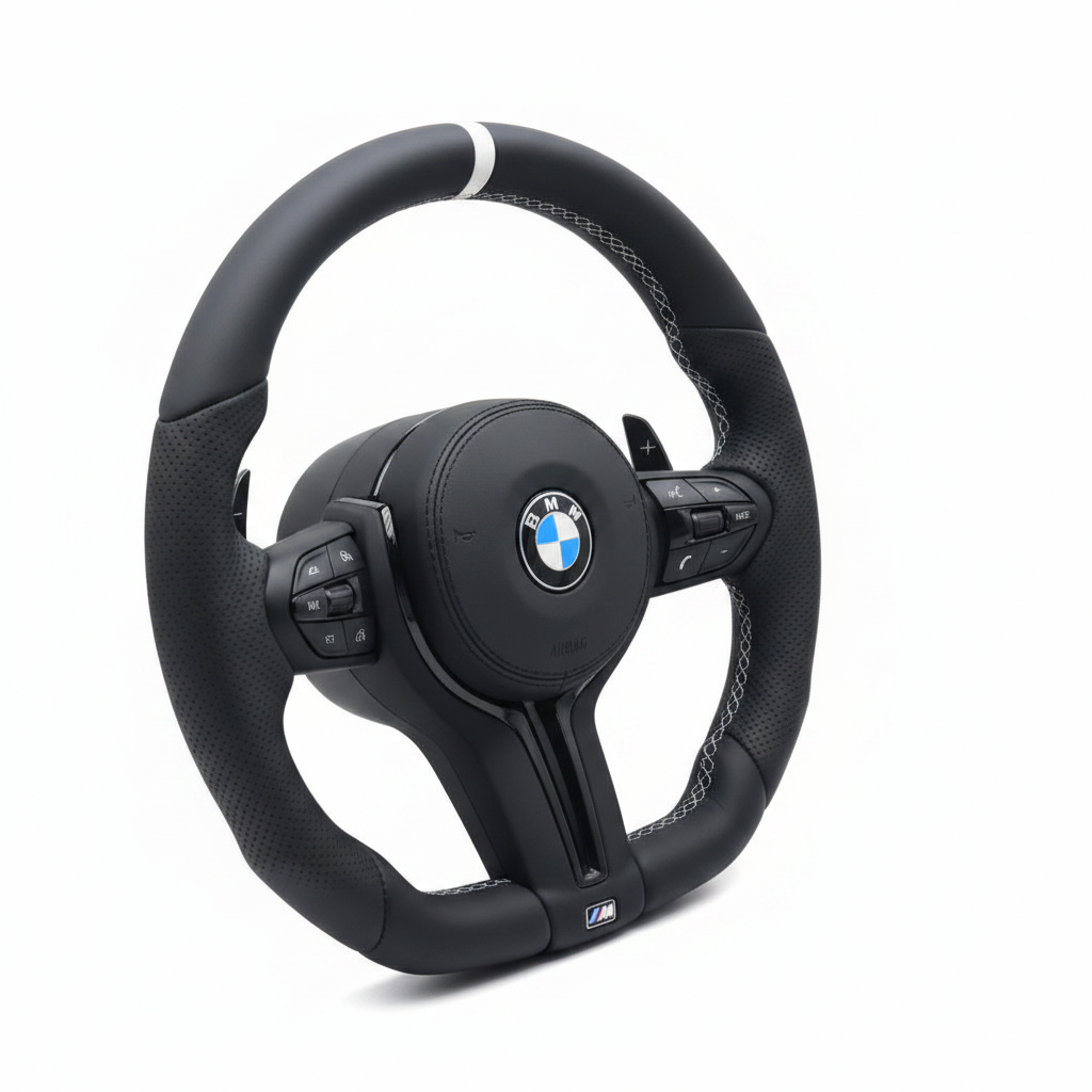 BMW Leather Flat Bottom Steering Wheel With White Strip