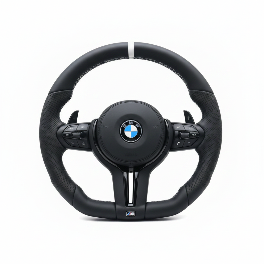 BMW Leather Flat Bottom Steering Wheel With White Strip