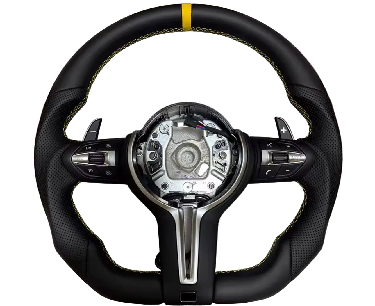 BMW Leather Flat Bottom Steering Wheel With Yellow Middle Strip