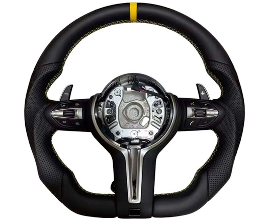 BMW Leather Flat Bottom Steering Wheel With Yellow Middle Strip