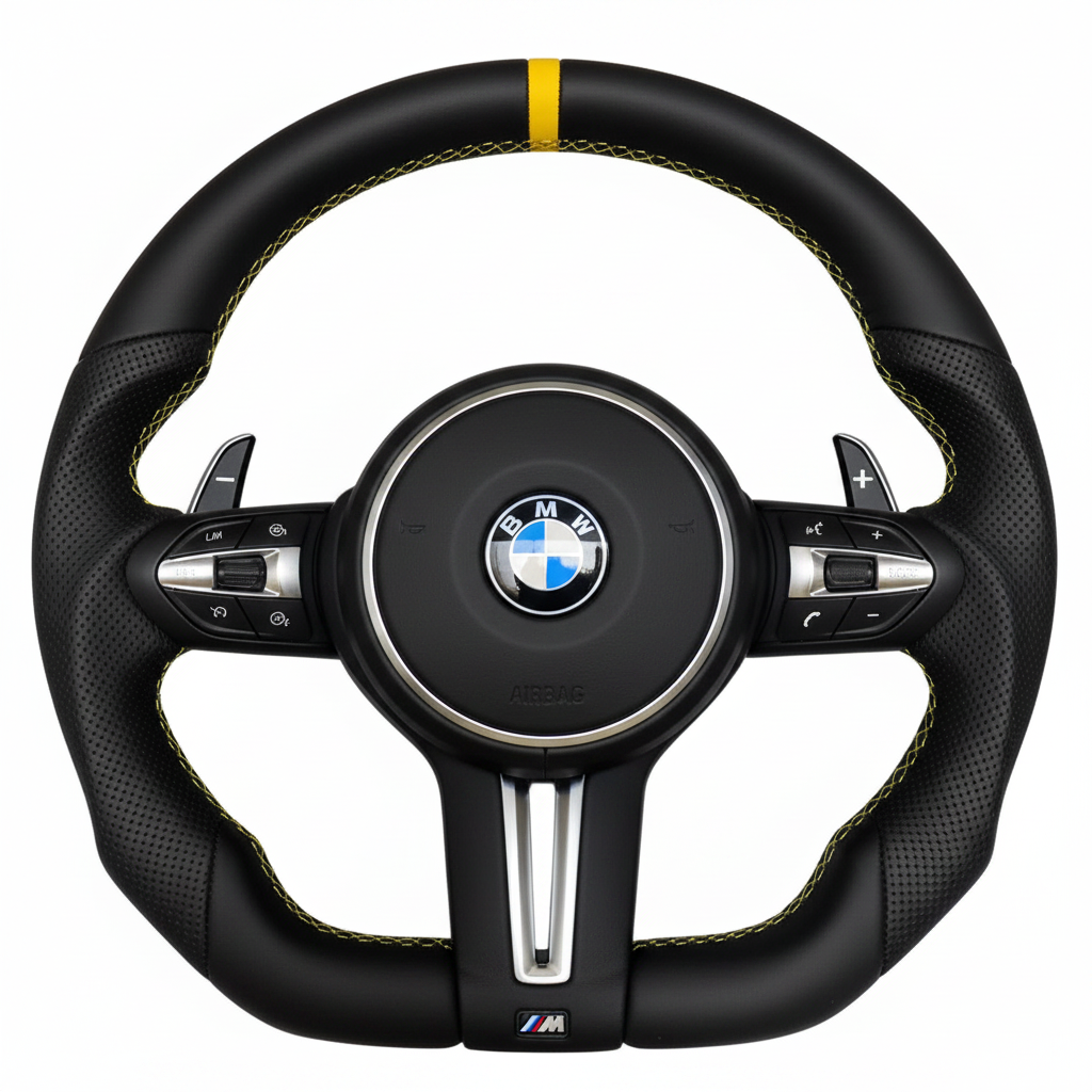 BMW Leather Flat Bottom Steering Wheel With Yellow Middle Strip