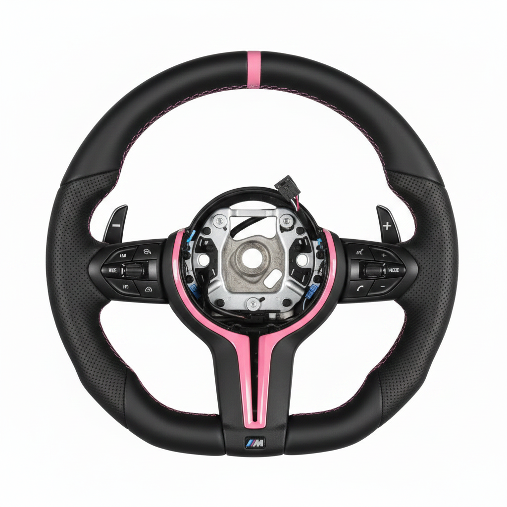 BMW Leather Flat Bottom Steering Wheel With Pink Middle Strip