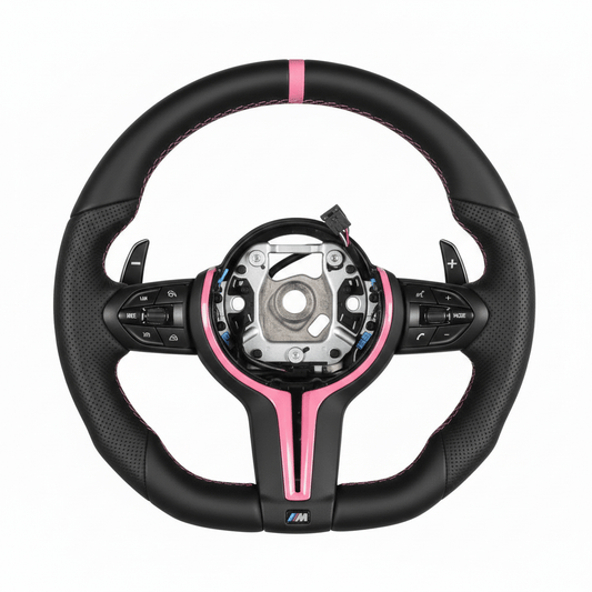 BMW Leather Flat Bottom Steering Wheel With Pink Middle Strip