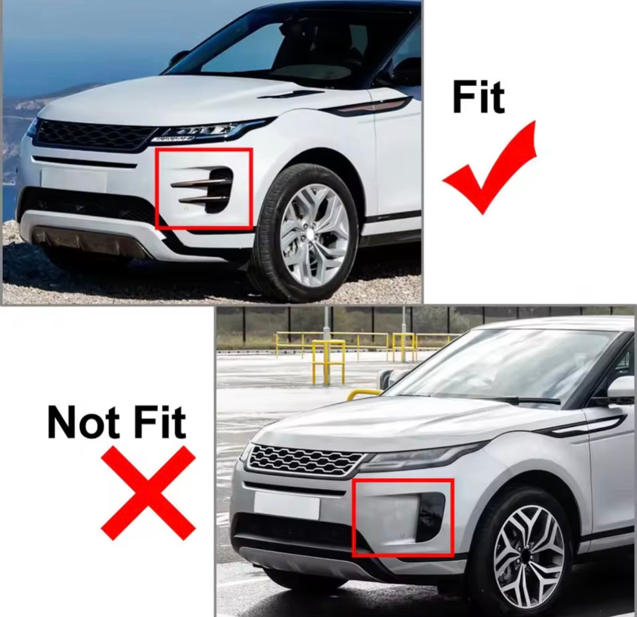 Comparison image showing fitment of Range Rover Evoque Front Bumper Grill on one vehicle and a mismatch on another.
