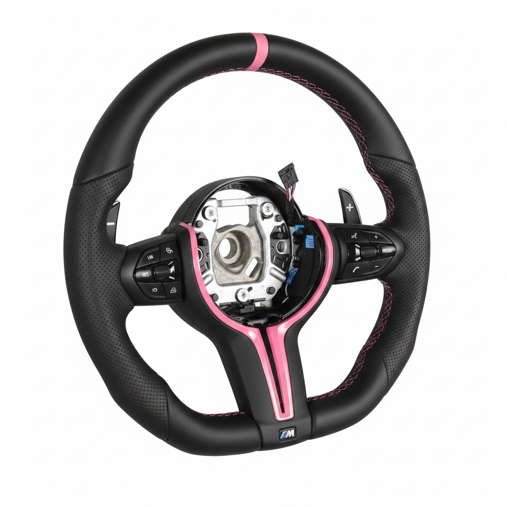 BMW Leather Flat Bottom Steering Wheel With Pink Middle Strip