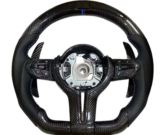 BMW LED Full Black Carbon Fiber Flat Bottom Steering Wheel