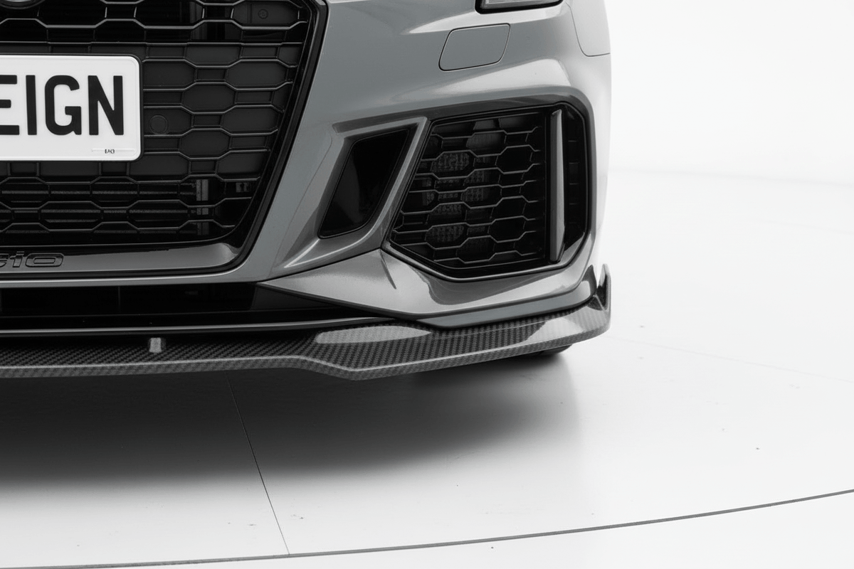 Audi A3 Carbon Fiber Splitter enhancing car's aerodynamics and appearance, showcasing sleek design and performance.