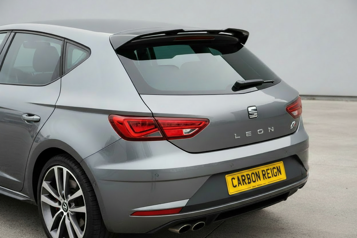 Seat Leon Gloss Black Roof Spoiler beautifully enhances the sporty look of this sleek gray Seat Leon.